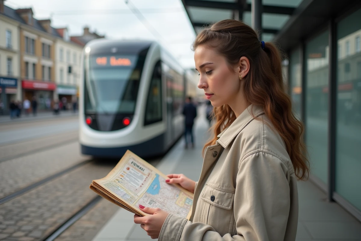 Jeune femme consultant un plan du festival Pharenheit près d'un arrêt de tram au Havre