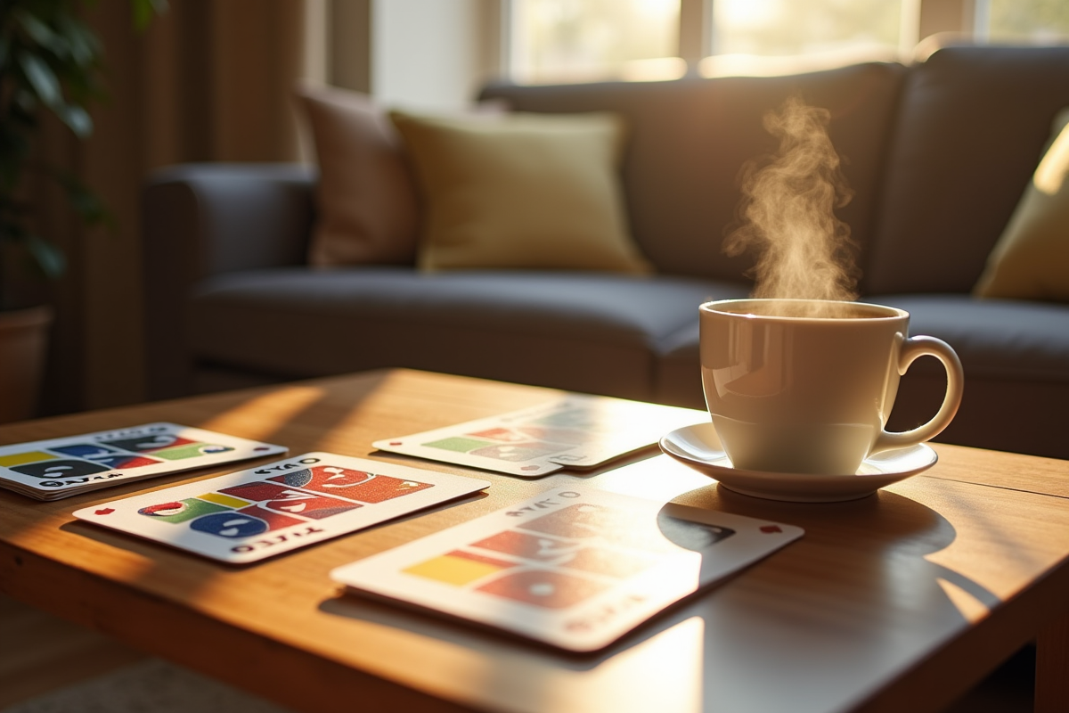 Jeu de SkipBo avec café dans une ambiance matinale chaleureuse