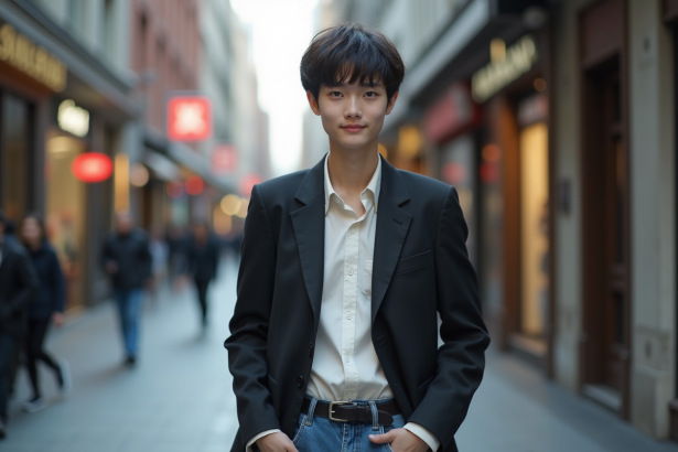 Jeune adulte en blazer et jeans dans la ville