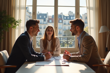 Jeune couple discutant avec agent immobilier dans salon lumineux