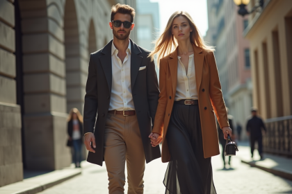 Jeune couple confiant marchant en ville en tenue élégante