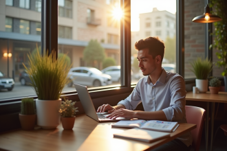 Jeune entrepreneur travaillant sur un ordinateur dans un café ensoleille