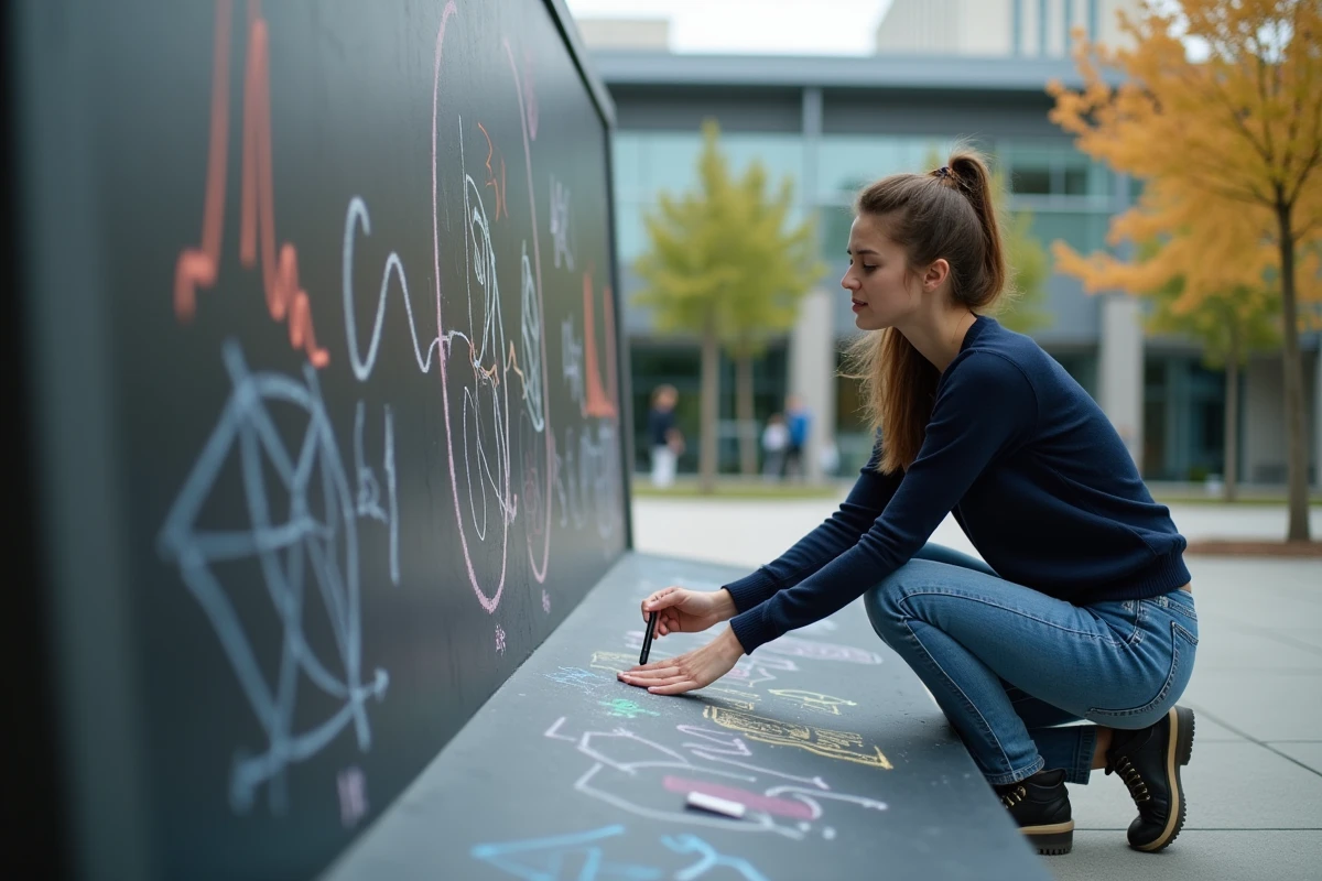 Etudiante en extérieur dessinant des lignes de champ