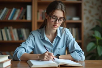 Jeune femme studieuse en français dans un bureau cosy