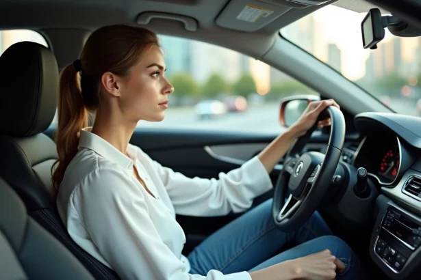 Jeune femme au volant d'une voiture moderne en ville