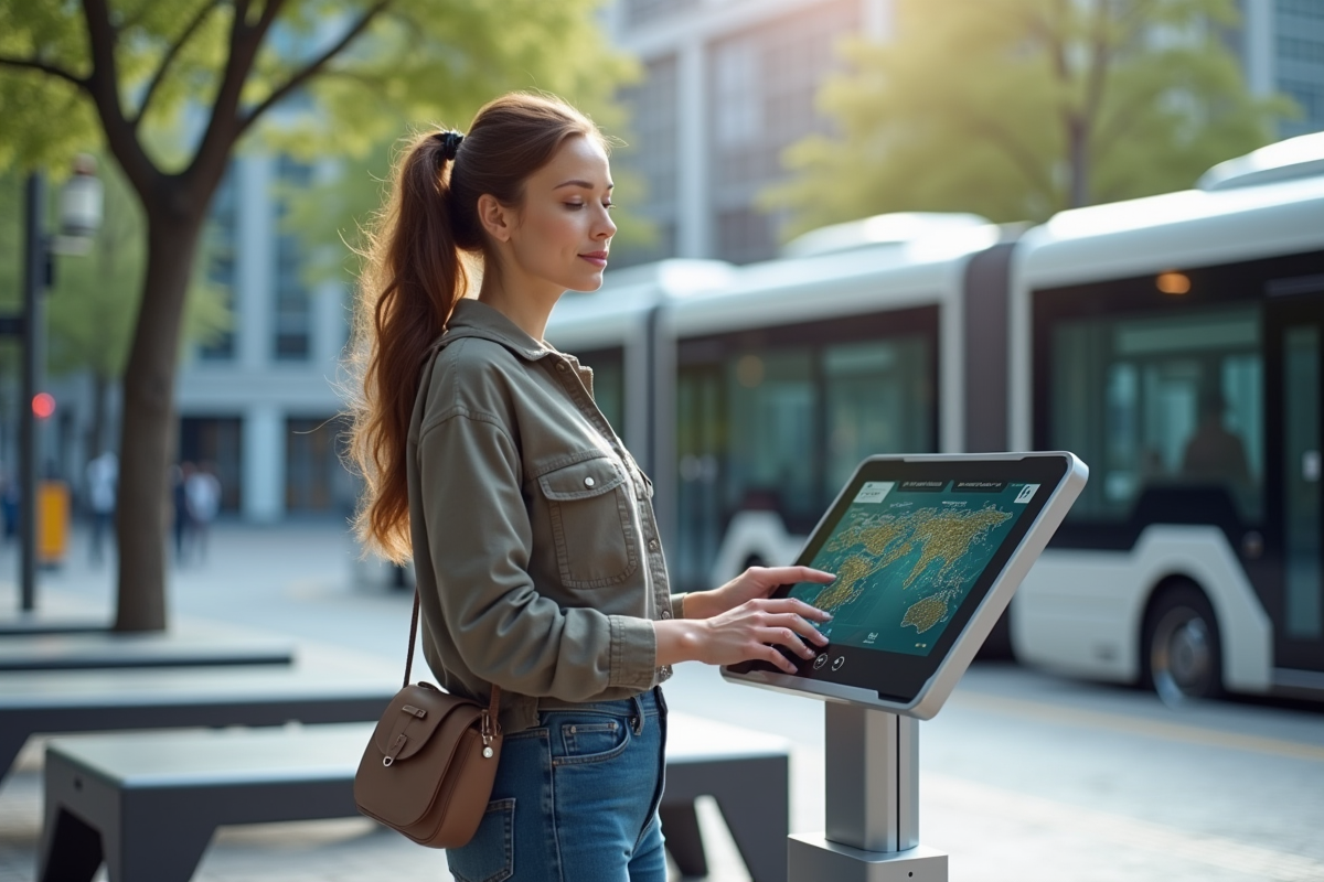 Jeune femme planifiant son trajet dans un hub de mobilité urbaine