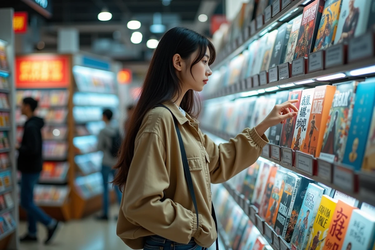Jeune femme feuilletant des mangas de fantasy asiatique dans une librairie spécialisée en comics et mangas