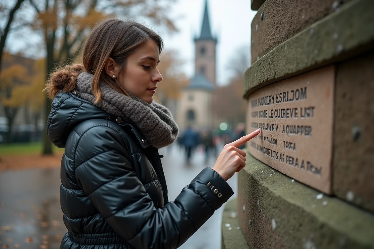 Jeune femme touchant une inscription gravée sur un monument à Strasbourg