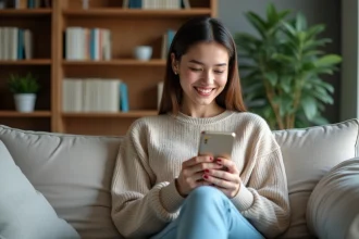 Jeune femme souriante avec smartphone dans un salon cosy