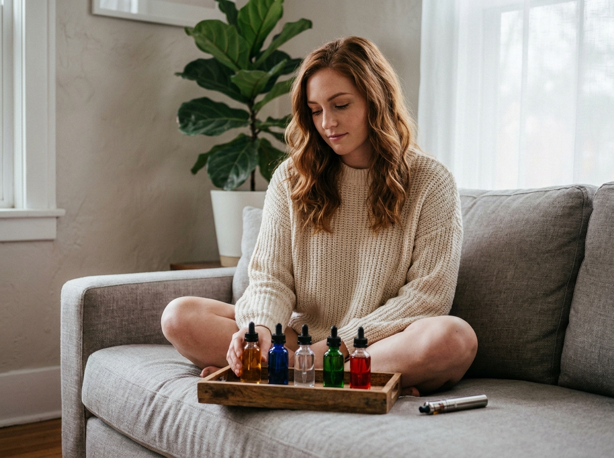 Jeune femme sélectionnant son e-liquide parmi plusieurs flacons posés sur un plateau dans son salon