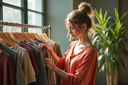 Jeune femme inspectant une chemise écologique en boutique