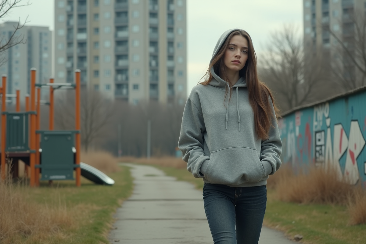 Jeune femme dans un terrain de jeu abandonné