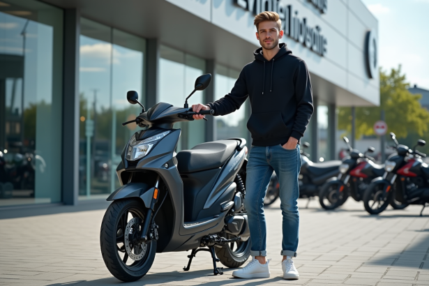 Jeune homme avec moto 125cc devant concession