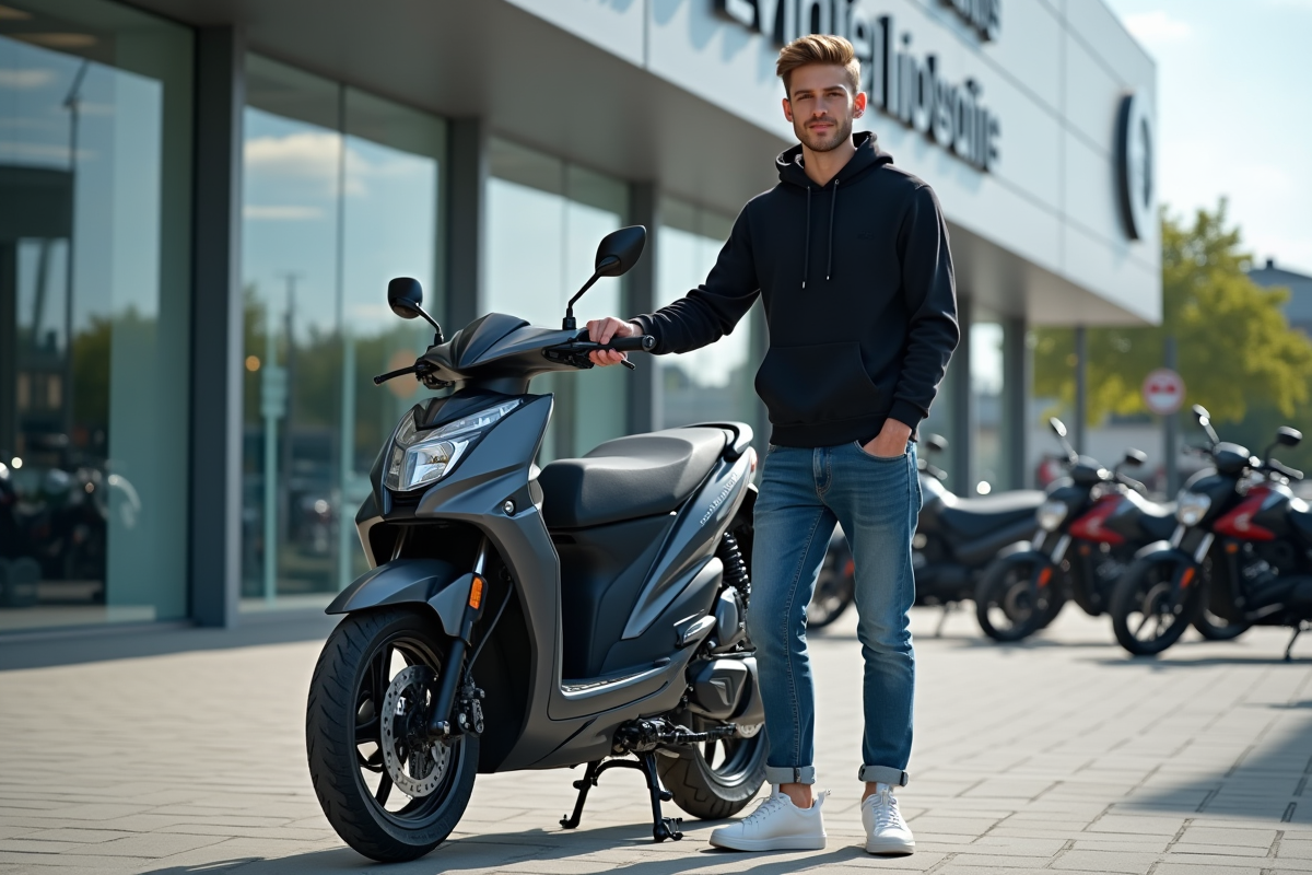 Jeune homme avec moto 125cc devant concession