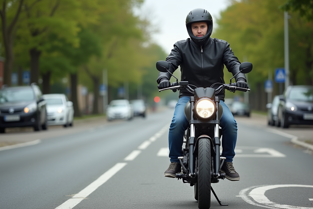 Jeune homme en moto sousurbain prêt à mettre son casque