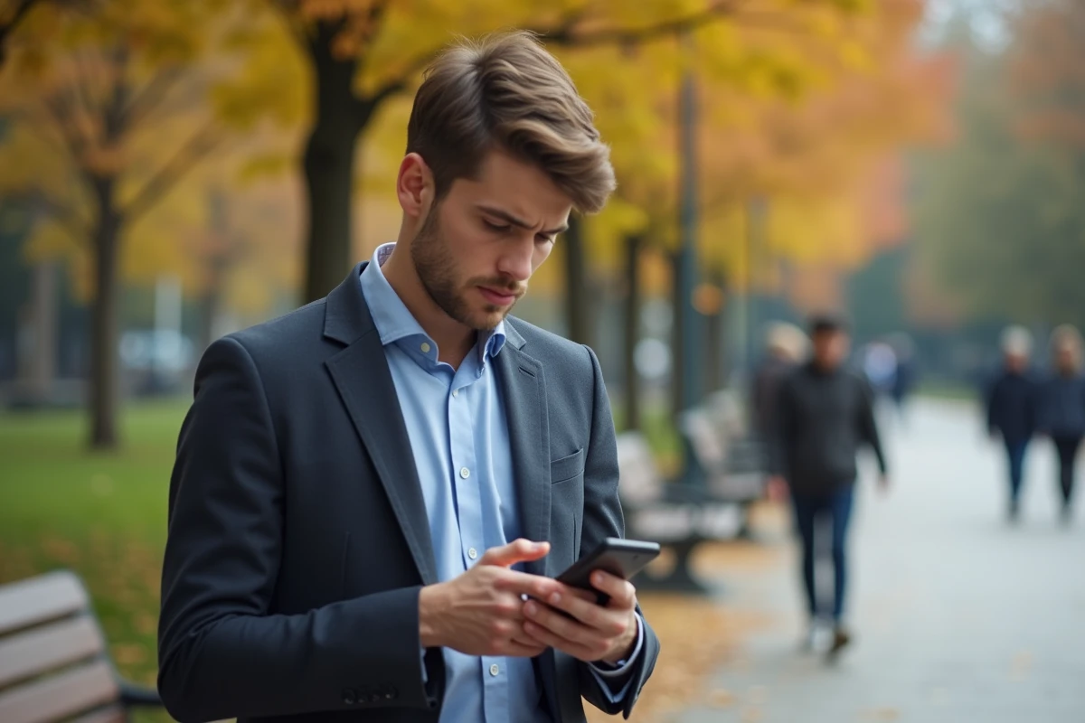 Jeune homme en ville vérifiant son téléphone dans un parc