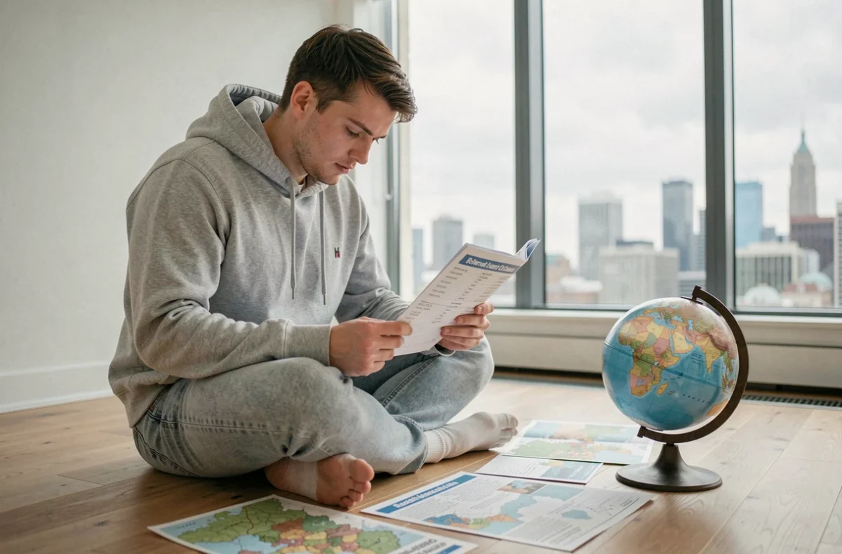 Jeune homme concentré sur un quiz de géographie entouré de cartes et d'un globe terrestre dans un appartement moderne
