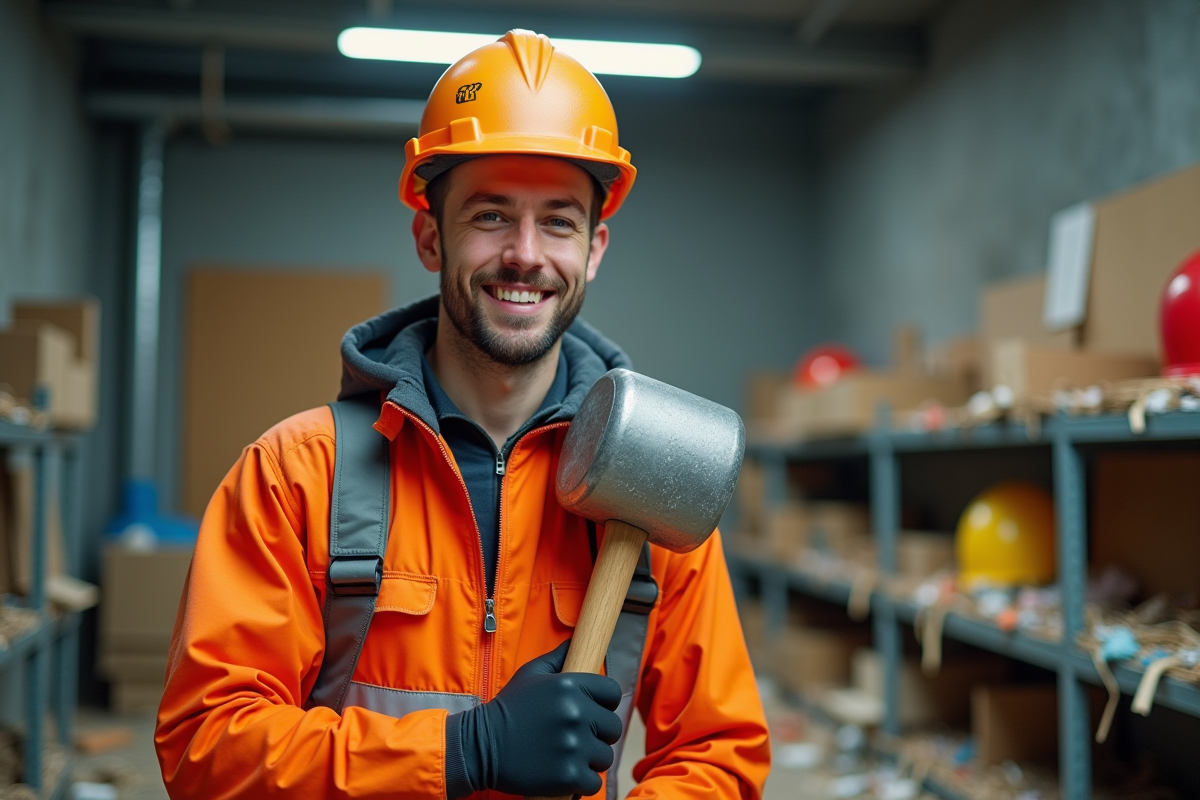 Jeune homme souriant en combinaison de sécurité dans une salle de chaos