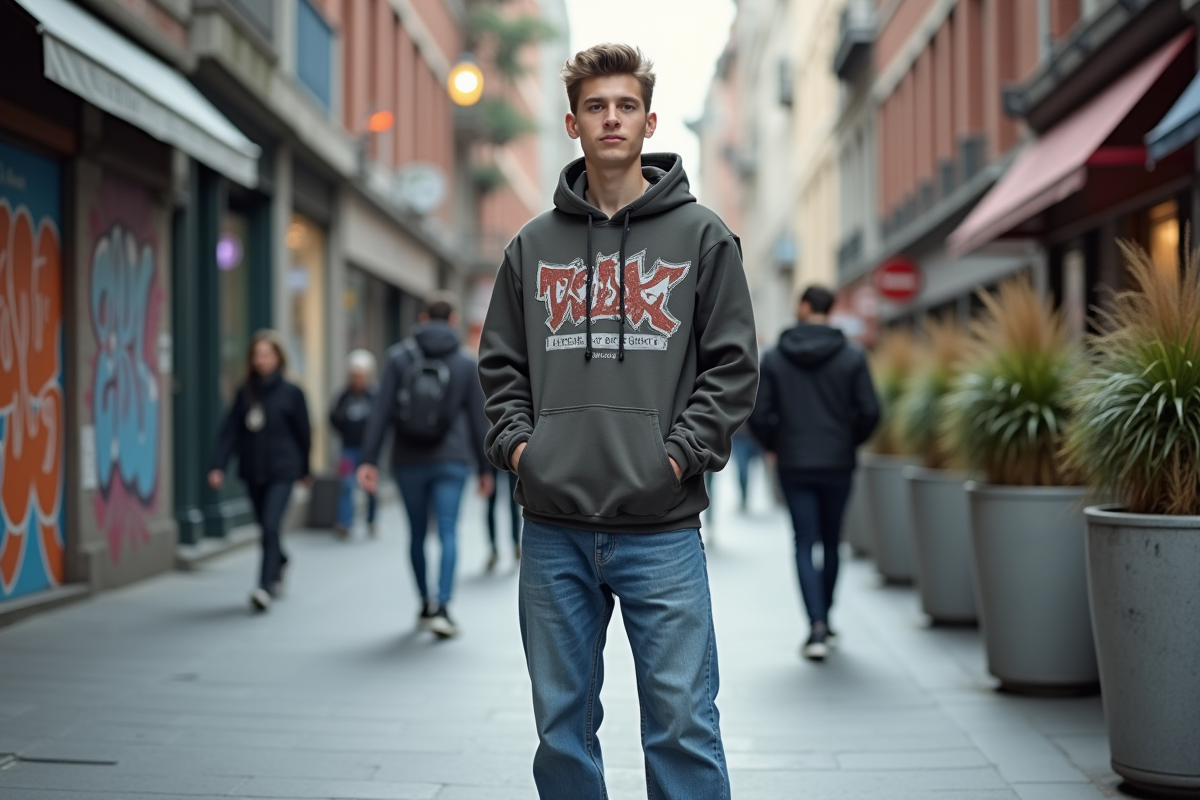 Jeune homme en streetwear urbain dans la ville