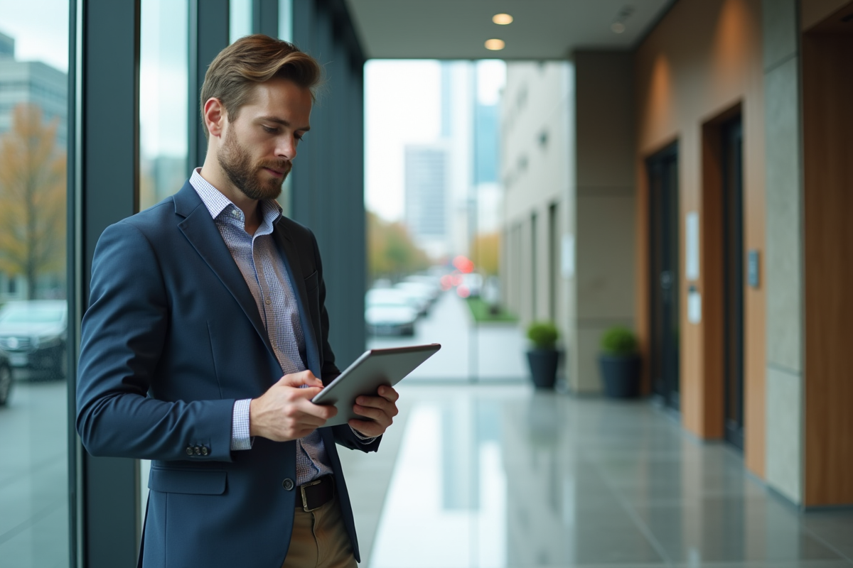 Jeune homme utilisant une tablette dans un bureau contemporain