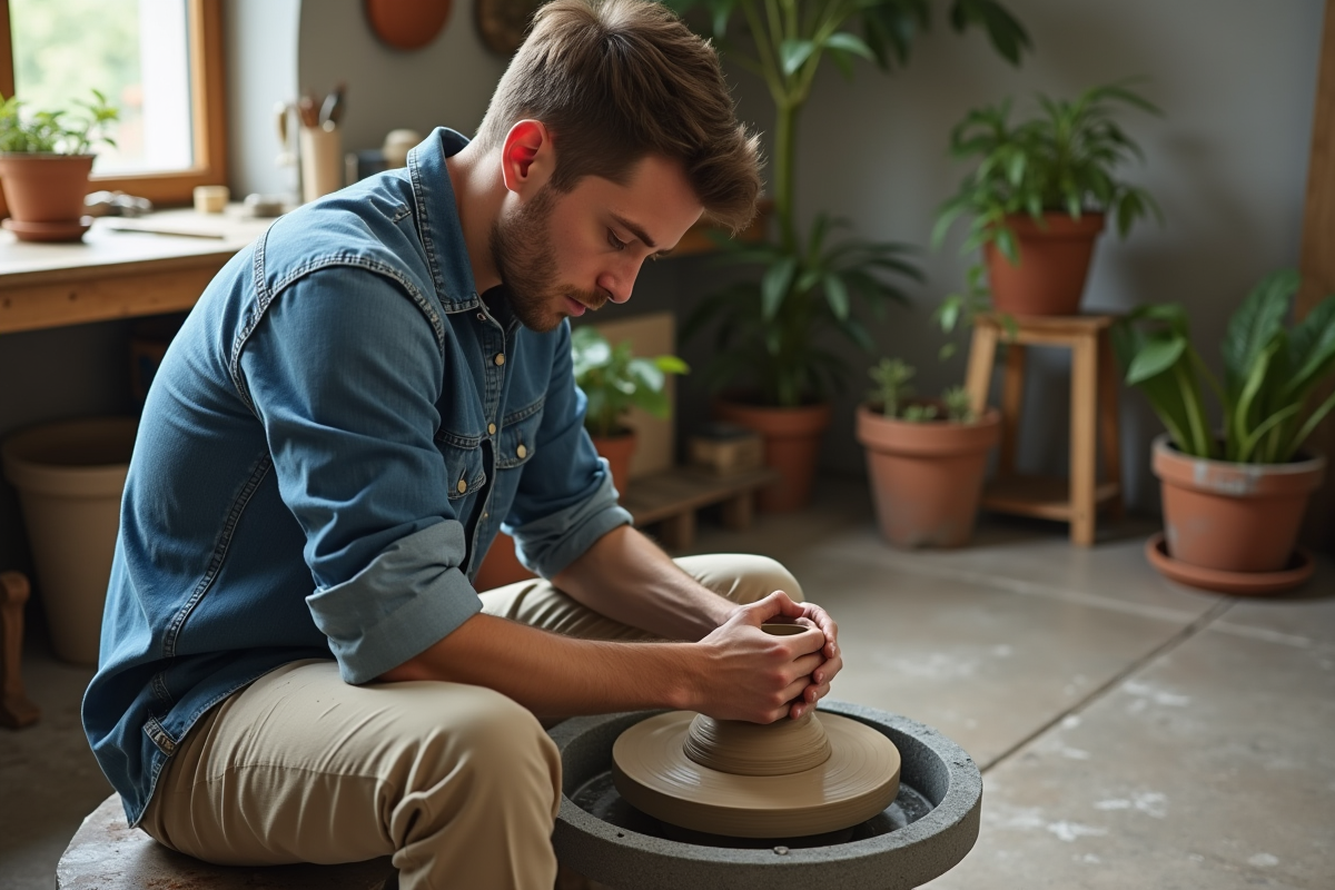 Jeune homme façonnant une poterie sur un tour