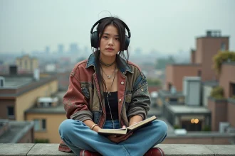 Jeune personne en rooftop urbain avec carnet et écouteurs