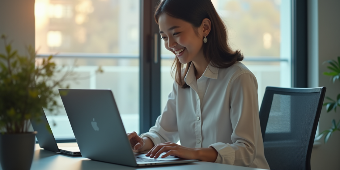 Jeune professionnel souriant utilisant un ordinateur portable au bureau