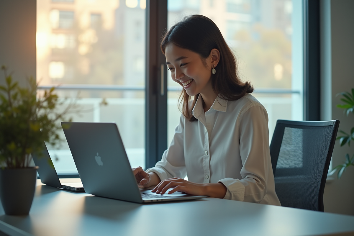 Jeune professionnel souriant utilisant un ordinateur portable au bureau