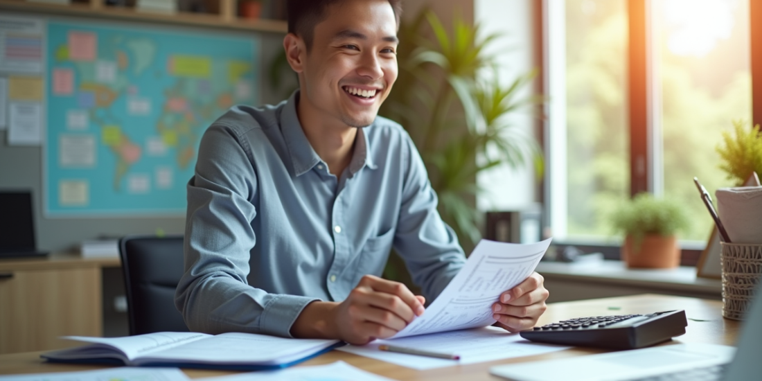 Jeune professionnel souriant calculant ses finances au bureau