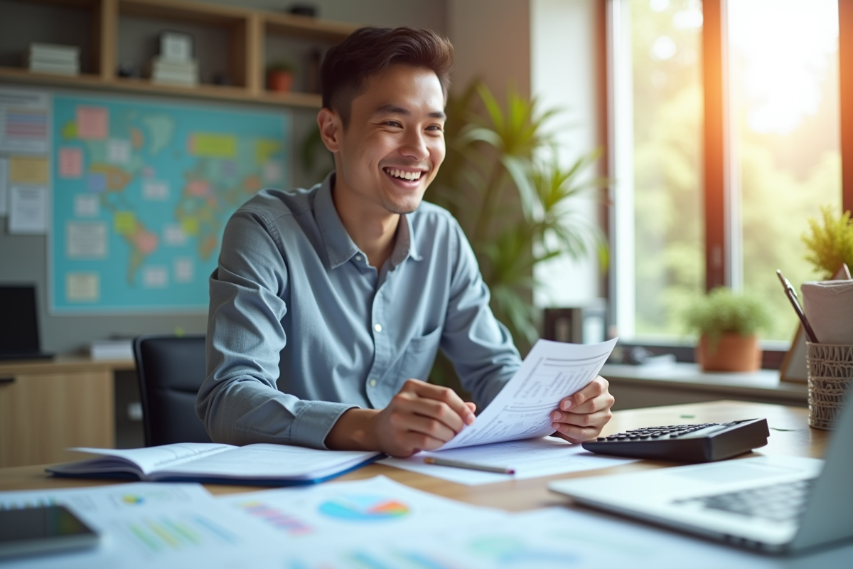 Jeune professionnel souriant calculant ses finances au bureau