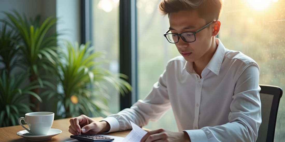 Jeune professionnel regardant sa fiche de paie et calculatrice dans un bureau lumineux