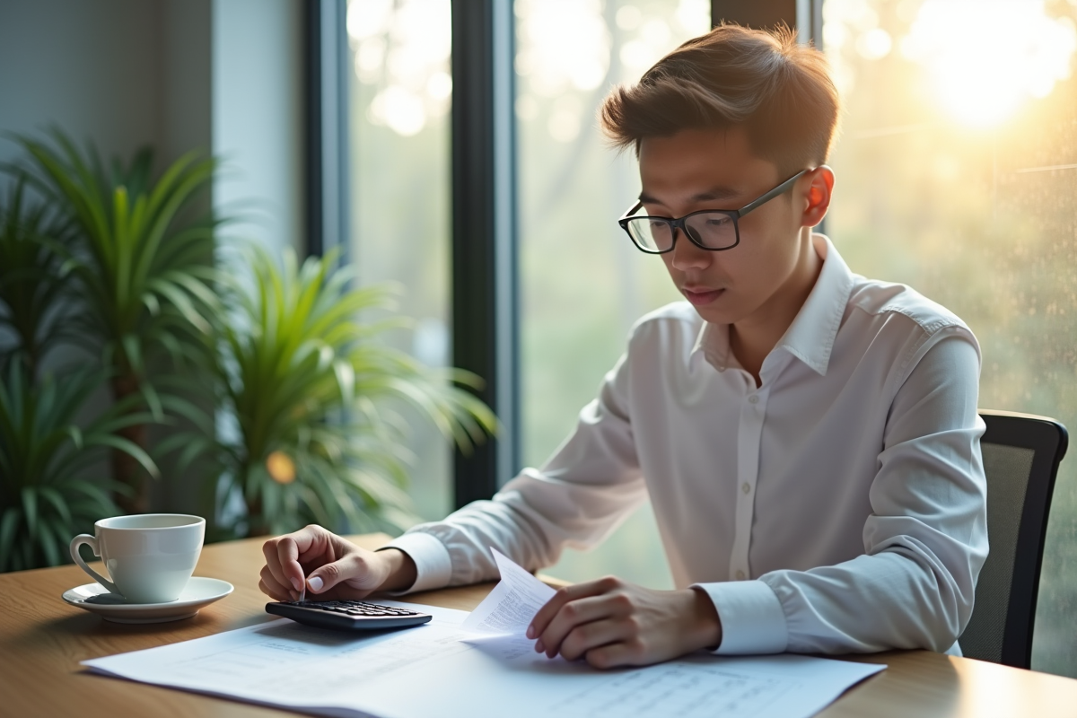 Jeune professionnel regardant sa fiche de paie et calculatrice dans un bureau lumineux