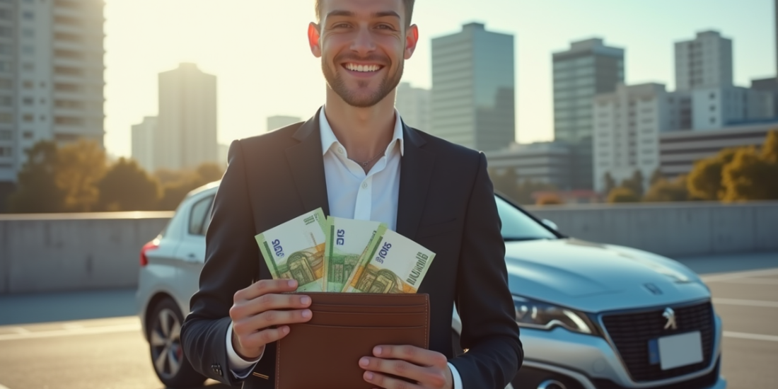 Jeune professionnel souriant avec une Peugeot 308 hybride dans un parking urbain