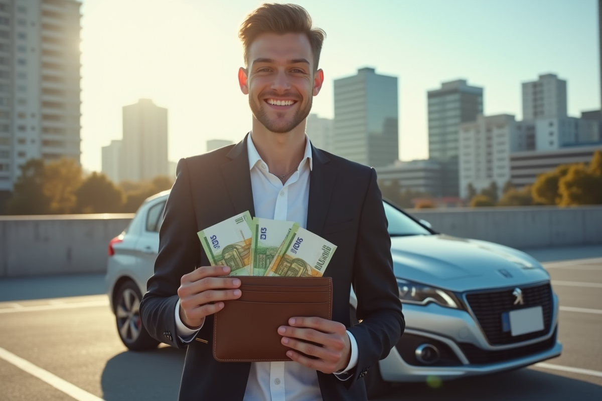 Jeune professionnel souriant avec une Peugeot 308 hybride dans un parking urbain