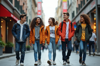 Groupe d'adolescents à la mode dans une rue urbaine dynamique