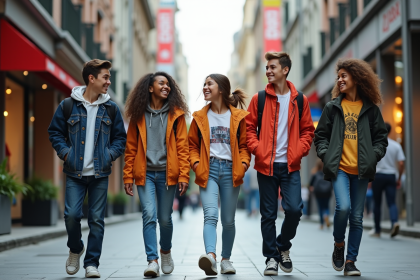 Groupe d'adolescents à la mode dans une rue urbaine dynamique