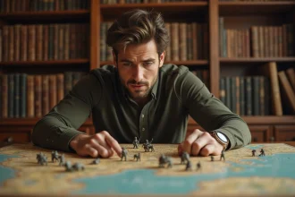 Joueur adulte concentré déplaçant des figurines militaires sur une carte de jeu de stratégie de guerre posée sur une table en bois