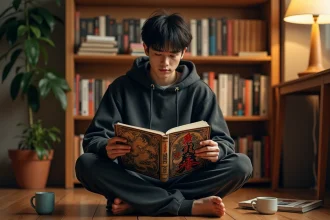 Jeune homme lisant un manga de fantasy asiatique dans un coin lecture cosy entouré de volumes de mangas et de light novels