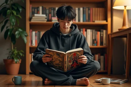 Jeune homme lisant un manga de fantasy asiatique dans un coin lecture cosy entouré de volumes de mangas et de light novels