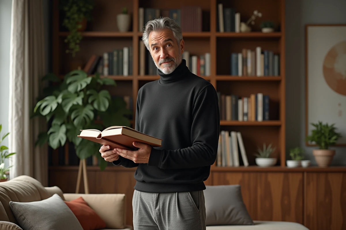 Personne genderfluid dans une bibliothèque chaleureuse