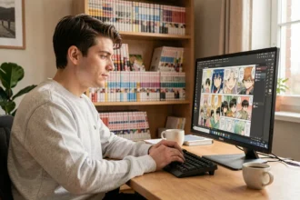 Homme lisant des mangas numériques sur un grand écran PC avec l'application Epsilon Scan dans un bureau à domicile