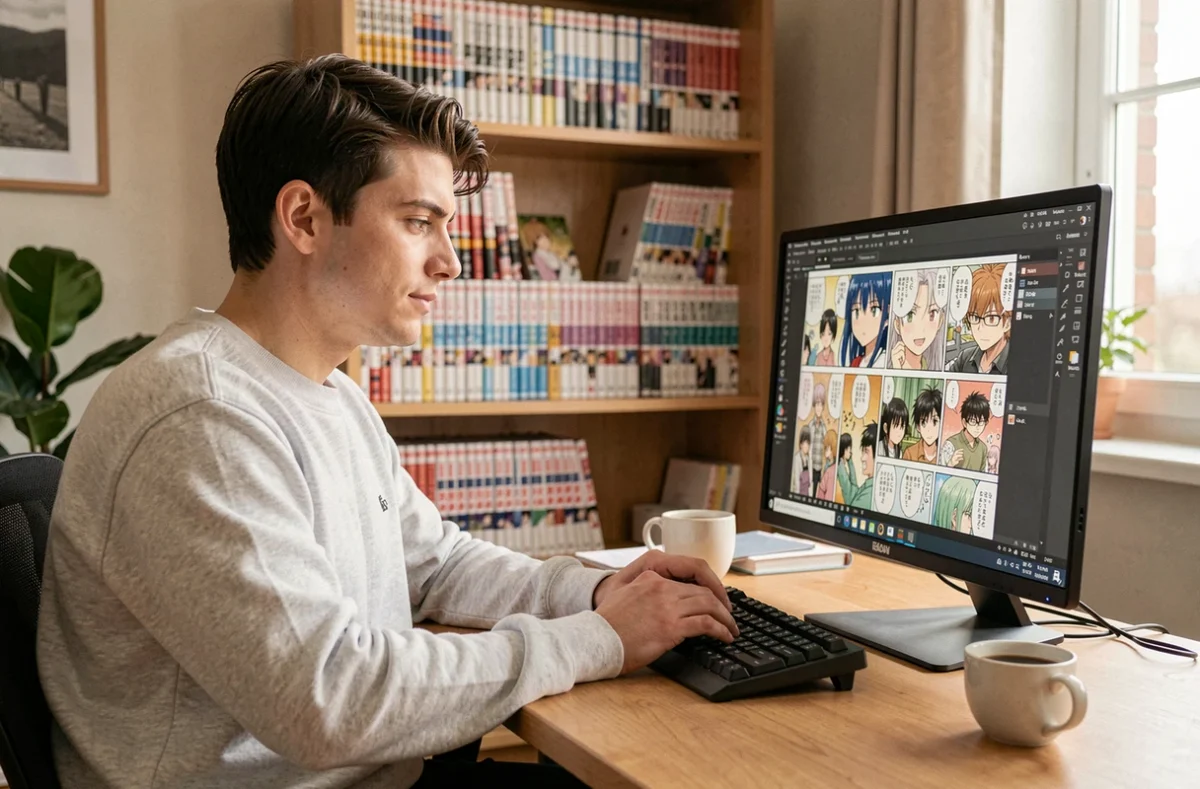 Homme lisant des mangas numériques sur un grand écran PC avec l'application Epsilon Scan dans un bureau à domicile
