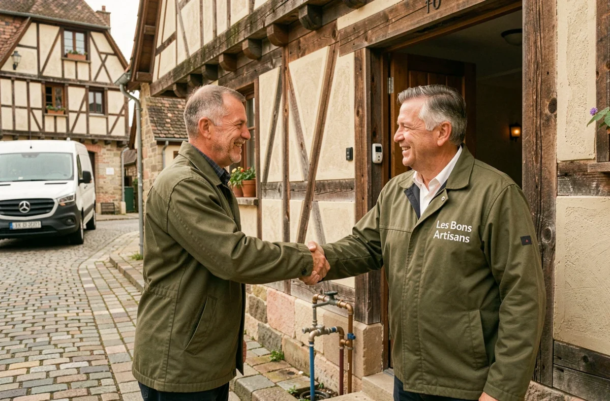 Artisan plombier des Bons Artisans Troyes saluant un client devant une maison à colombages à Troyes