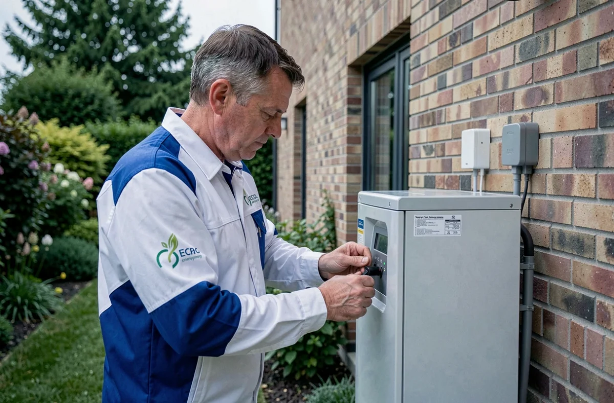 Technicien de Letoile Chauffage Eco Energies réglant une pompe à chaleur devant une maison à Troyes