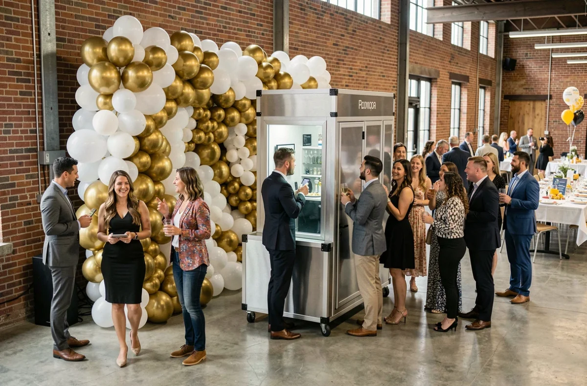 Borne photomaton en location installée dans une salle de fête avec décoration d'anniversaire dorée et file de convives impatients