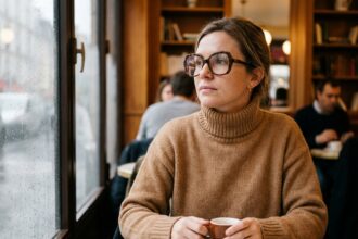 Femme portant des lunettes papillon écaille de tortue dans un café parisien en hiver