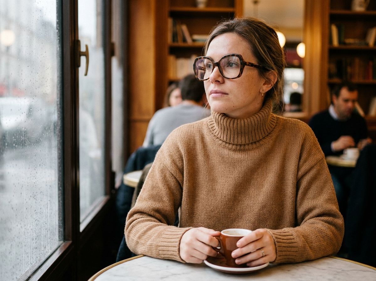 Femme portant des lunettes papillon écaille de tortue dans un café parisien en hiver