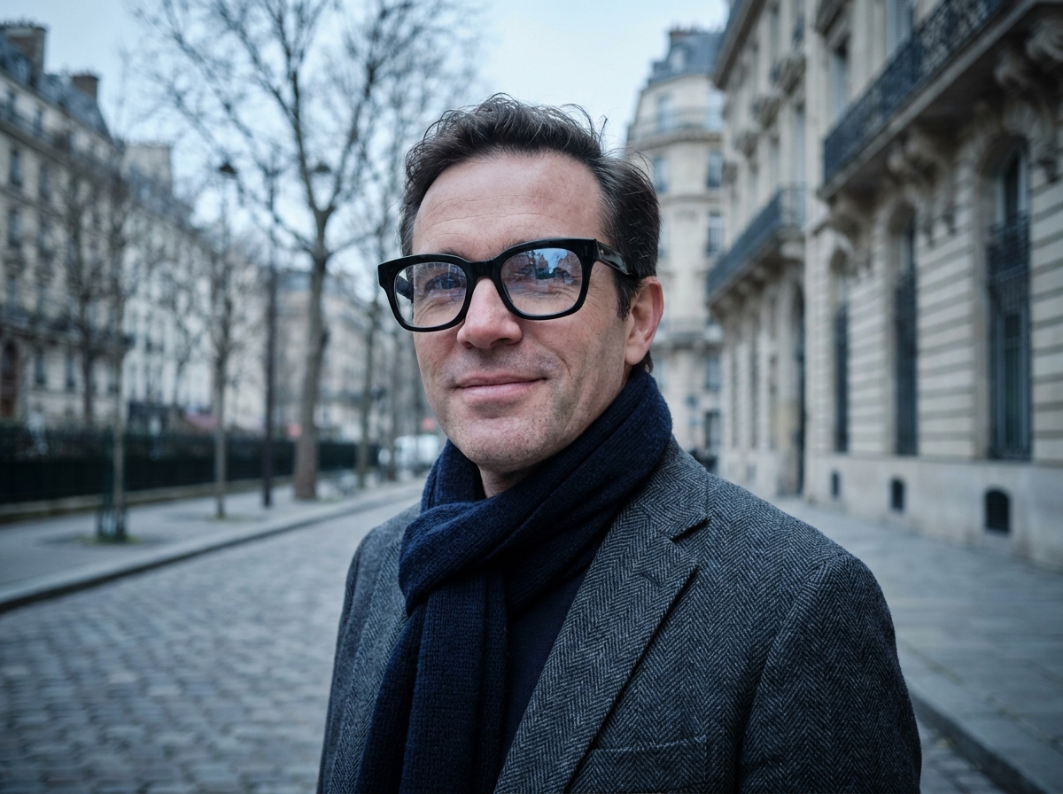 Homme en lunettes papillon noires dans une rue parisienne en hiver