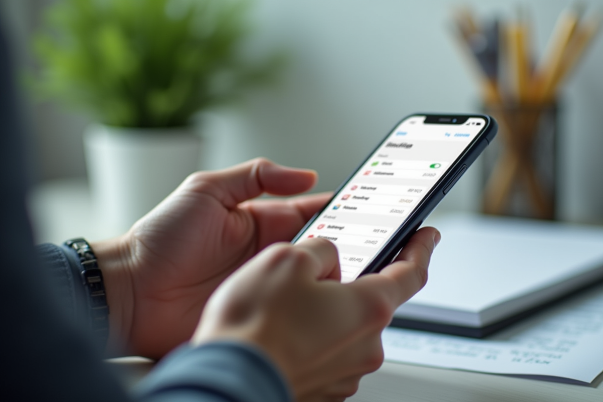 Mains tenant un smartphone avec une boîte mail visible à l
