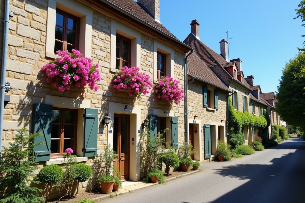 Charmante maison de ville française avec façade en pierre et fleurs